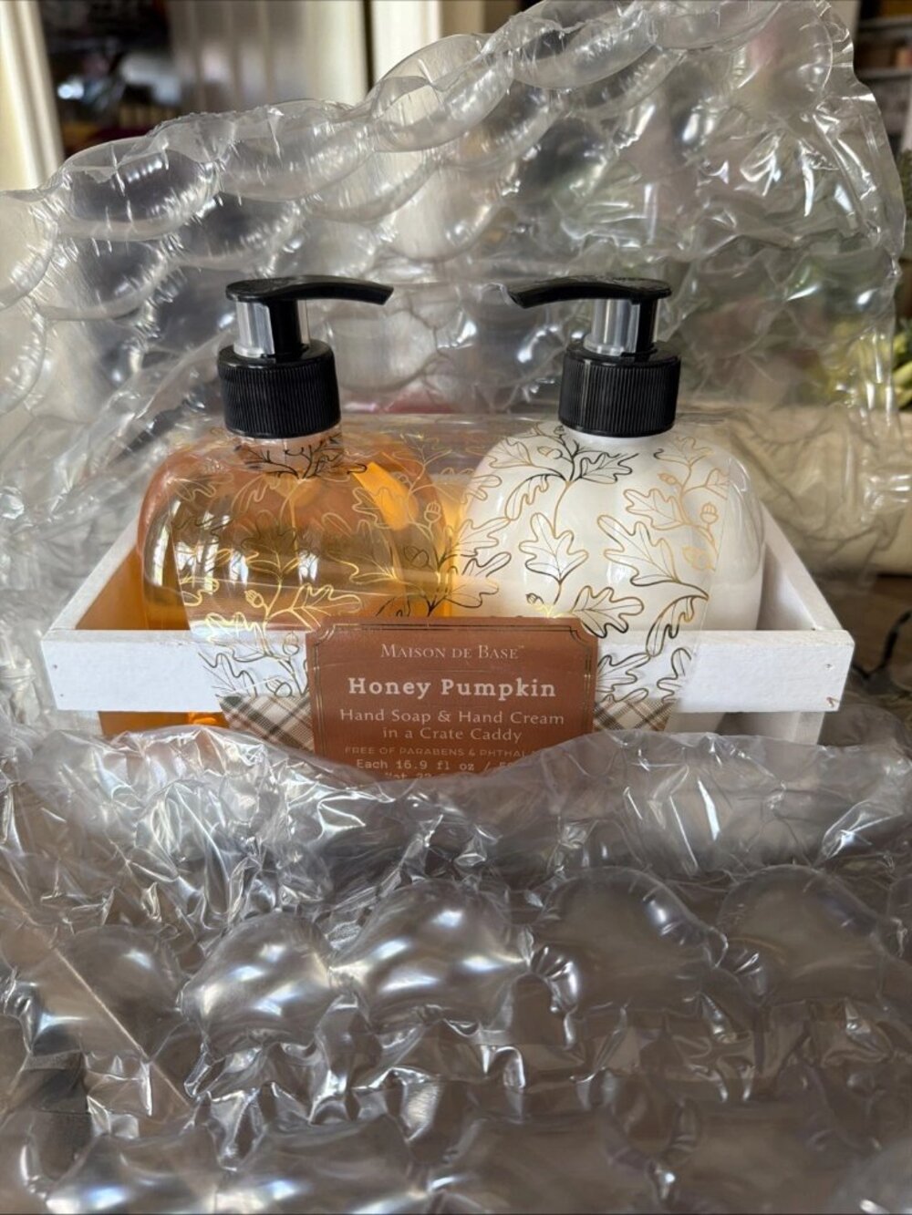 MAISON DE BASE. 2 Pc Honey Pumpkin Hand Soap & Hand Cream in Wooden Crate